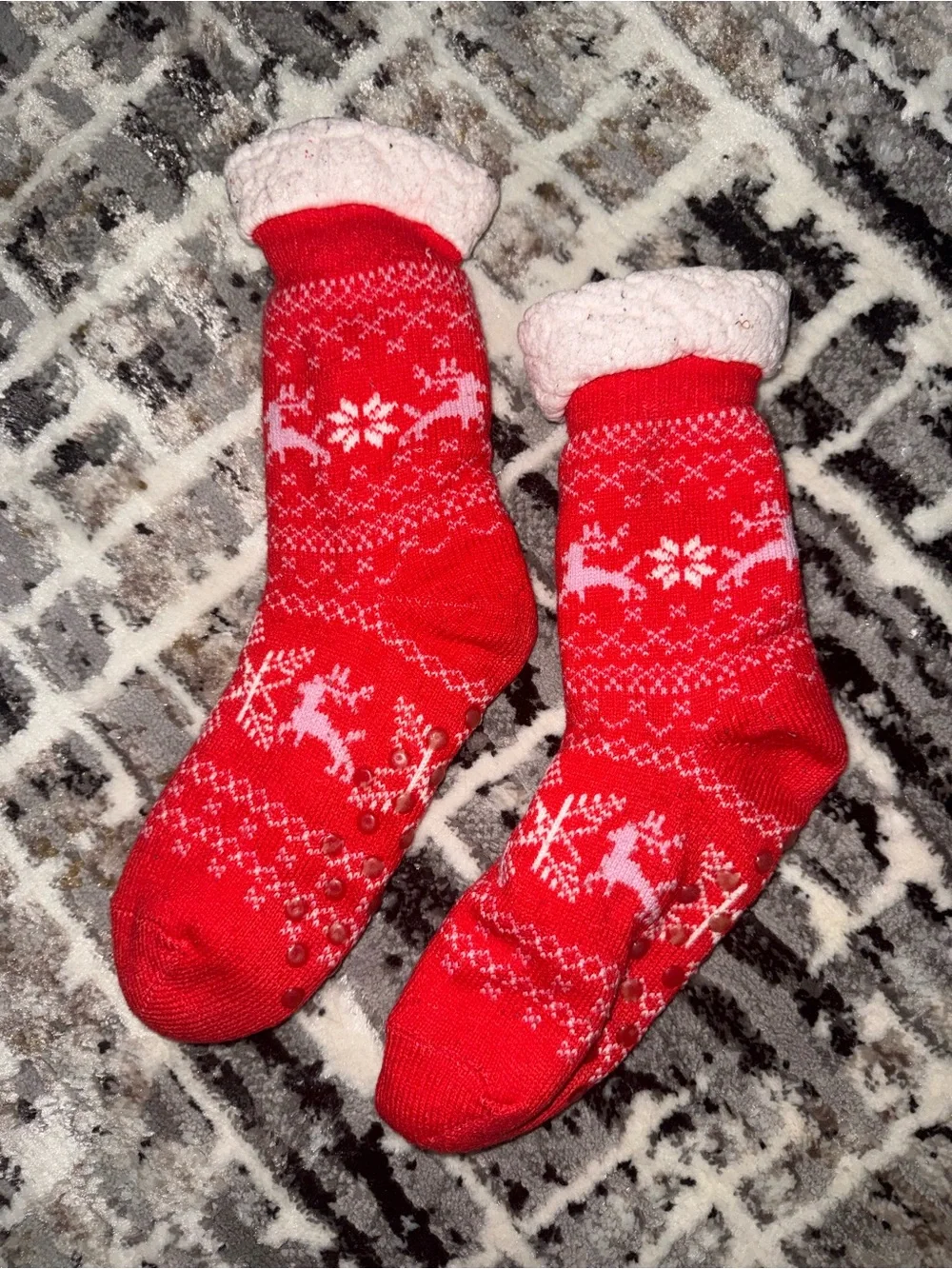 Cozy Red Holiday Reindeer Slipper Socks